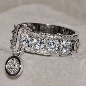 Engagement Wedding Anniversary Round Diamond Mosaic Ring With Hanging Charm